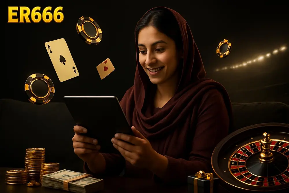 ER666 Pakistan โ a Pakistani woman sitting comfortably on a sofa using a tablet with glowing casino chips and cards ER666 Pakistan โ a Pakistani woman sitting comfortably on a sofa using a tablet with glowing casino chips and cards