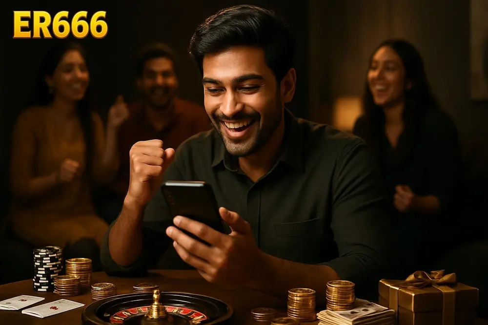 ER666 Pakistan โ a young Pakistani man smiling while celebrating a win on his smartphone at a lively home gathering ER666 Pakistan โ a young Pakistani man smiling while celebrating a win on his smartphone at a lively home gathering