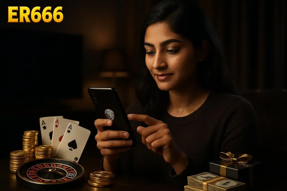 ER666 login — a young Pakistani woman unlocking her smartphone with her fingerprint while sitting in a cozy living room